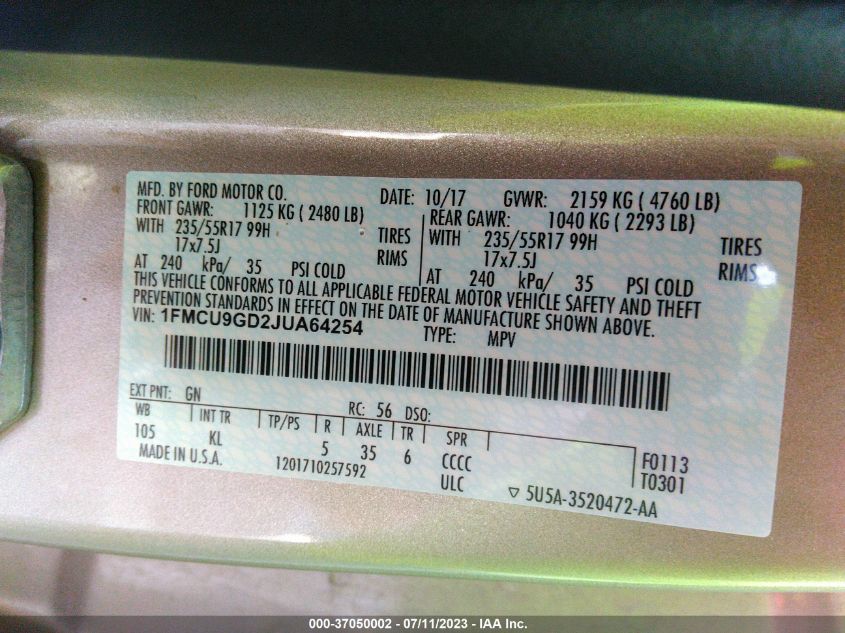 1FMCU9GD2JUA64254 2018 Ford Escape Se