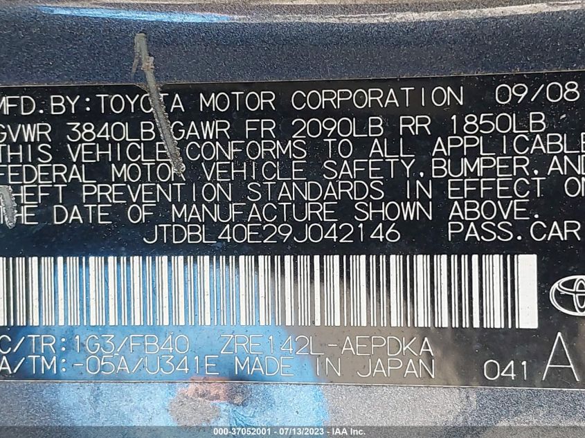 2009 Toyota Corolla VIN: JTDBL40E29J042146 Lot: 37052001