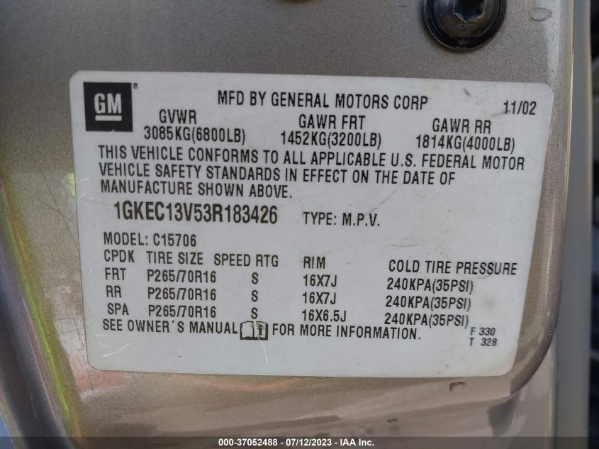 1GKEC13V53R183426 2003 GMC Yukon Sle