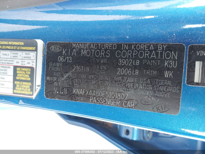 2014 Kia Forte Ex VIN: KNAFX4A80E5101807 Lot: 37056302