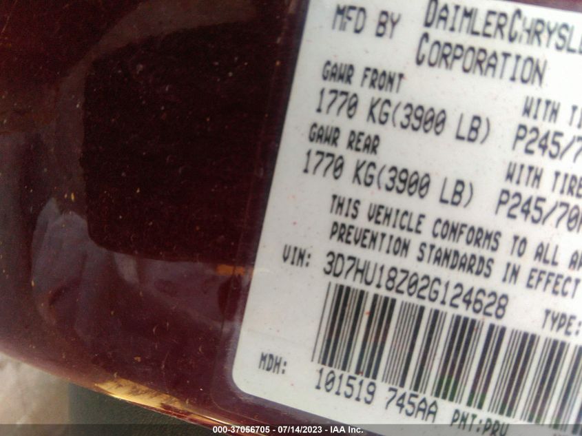 2002 Dodge Ram 1500 VIN: 3D7HU18Z02G124628 Lot: 37056705