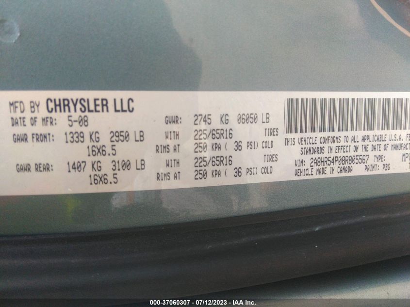 2008 Chrysler Town & Country Touring VIN: 2A8HR54P08R805567 Lot: 43187702