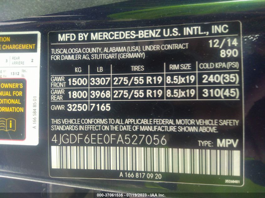 4JGDF6EE0FA527056 2015 Mercedes-Benz Gl 450