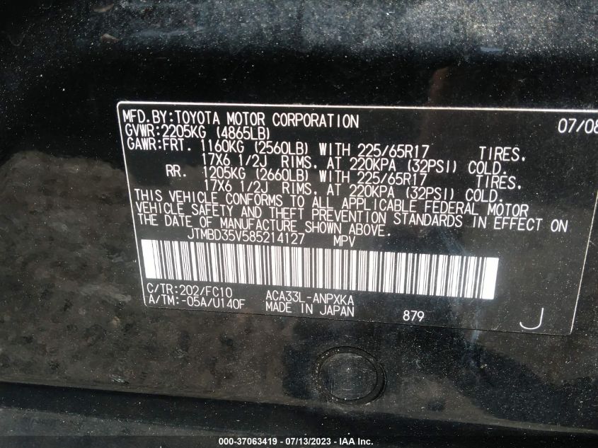 JTMBD35V585214127 2008 Toyota Rav4