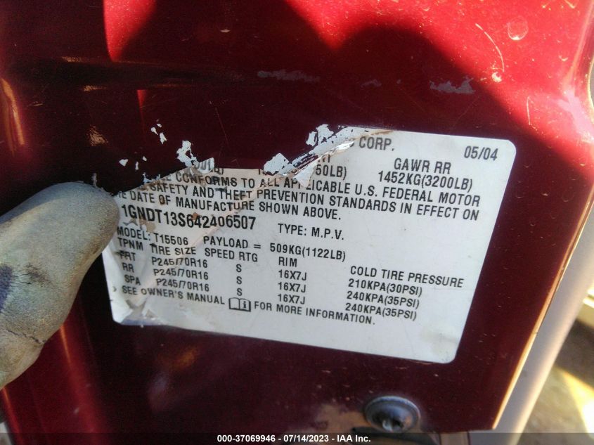 2004 Chevrolet Trailblazer Ls VIN: 1GNDT13S642406507 Lot: 37069946