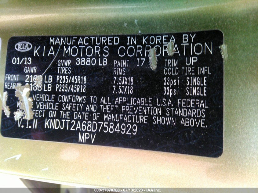 2013 Kia Soul ! VIN: KNDJT2A68D7584929 Lot: 37070768