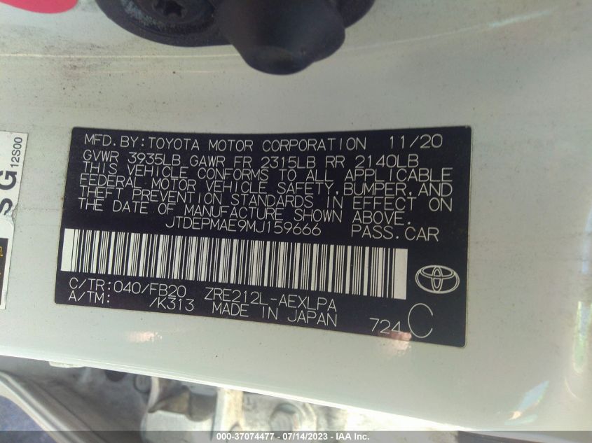 JTDEPMAE9MJ159666 2021 Toyota Corolla Le