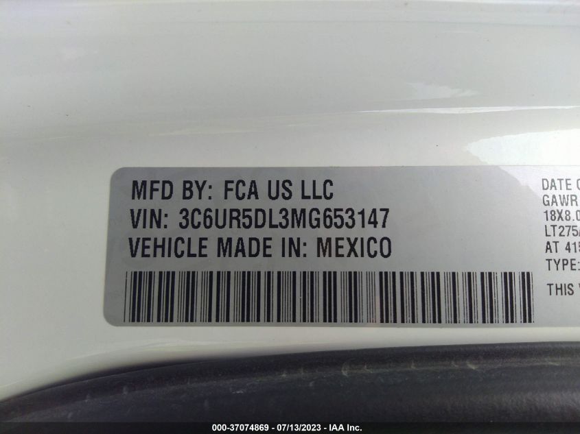 2021 Ram 2500 Lone Star Regular Cab 4X4 8' Box VIN: 3C6UR5DL3MG653147 Lot: 37074869