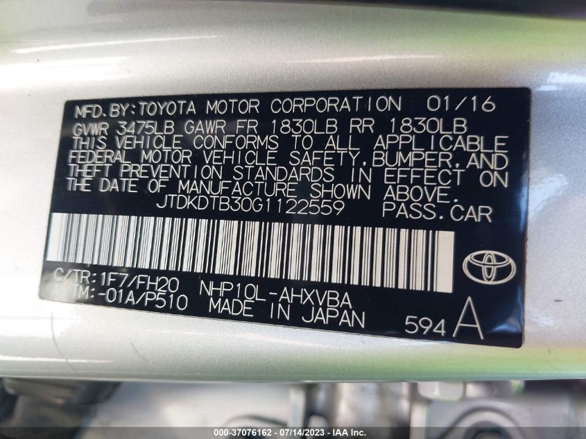 JTDKDTB30G1122559 2016 Toyota Prius C One