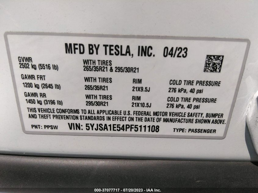 2023 Tesla Model S Standard Range/Dual Motor All-Wheel Drive VIN: 5YJSA1E54PF511108 Lot: 37077717