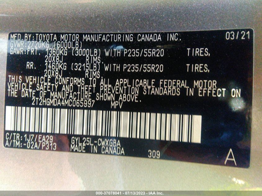 2021 Lexus Rx 450H VIN: 2T2HGMDA4MC065997 Lot: 38090496