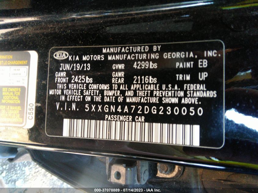 2013 Kia Optima Ex VIN: 5XXGN4A72DG230050 Lot: 37078889