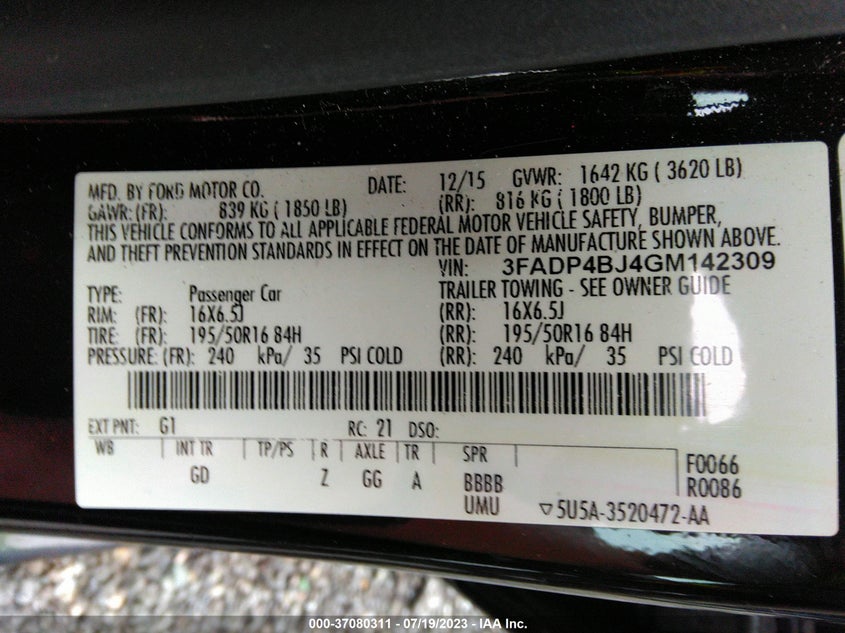 2016 FORD FIESTA SE VIN: 3FADP4BJ4GM142309