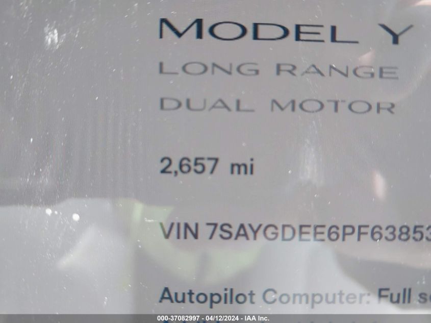 2023 Tesla Model Y VIN: 7SAYGDEE6PF638536 Lot: 37082997