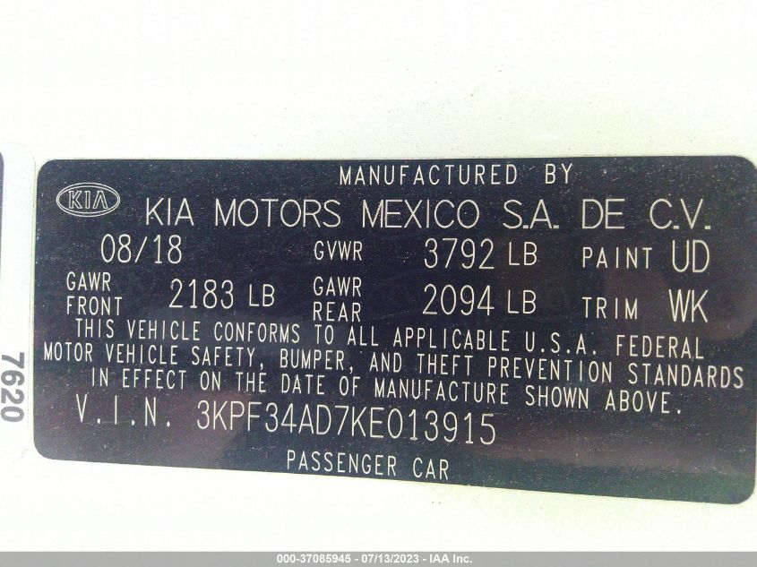 3KPF34AD7KE013915 2019 Kia Forte S