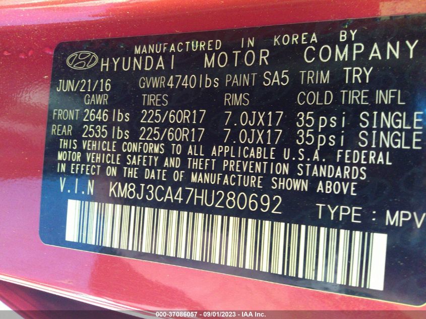 KM8J3CA47HU280692 2017 Hyundai Tucson Se