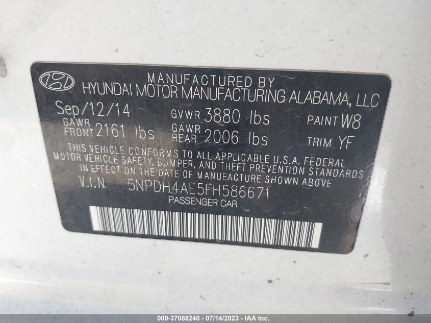 2015 Hyundai Elantra Limited VIN: 5NPDH4AE5FH586671 Lot: 37088240