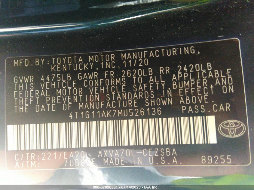 4T1G11AK7MU526136 2021 Toyota Camry Se