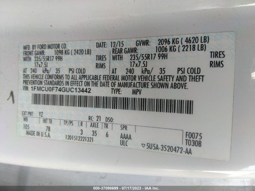 1FMCU0F74GUC13442 2016 Ford Escape S