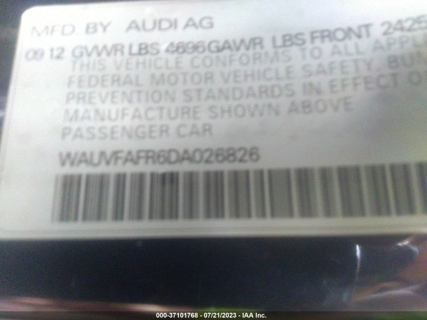 WAUVFAFR6DA026826 2013 Audi A5 2.0T Premium