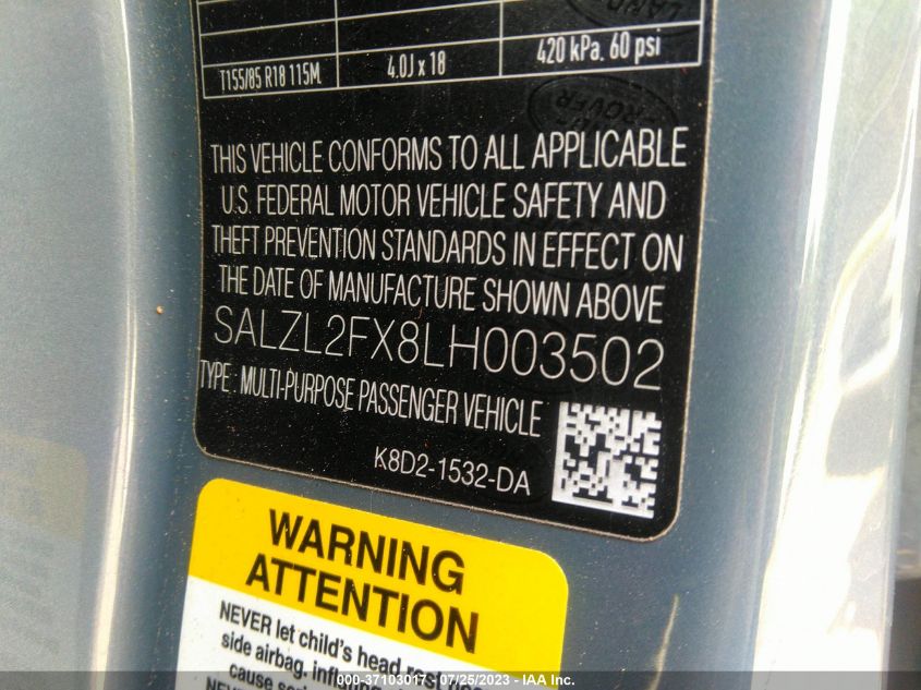 2020 Land Rover Range Rover Evoque First Edition VIN: SALZL2FX8LH003502 Lot: 37103017