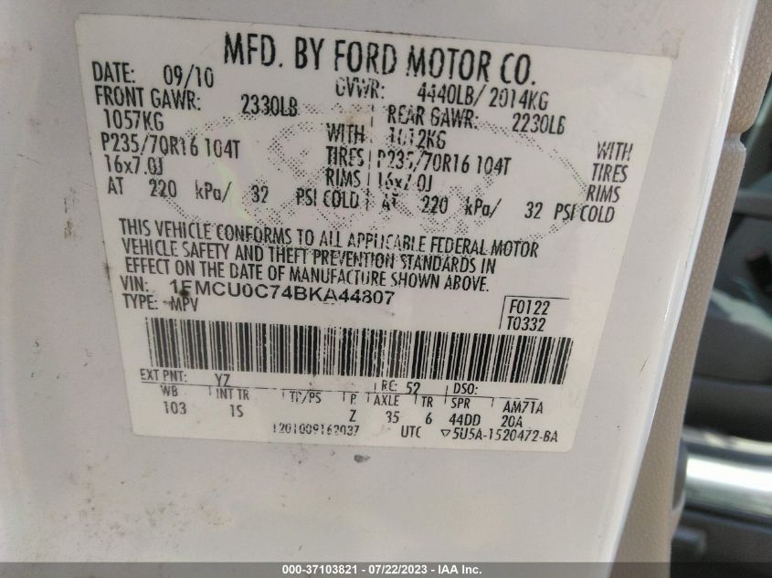 2011 Ford Escape Xls VIN: 1FMCU0C74BKA44807 Lot: 37103821