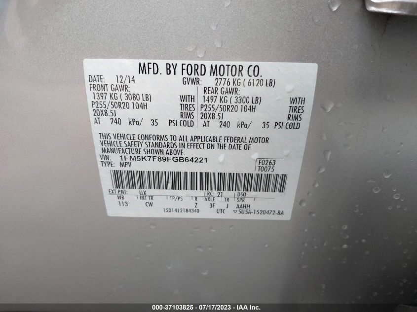 2015 Ford Explorer Limited VIN: 1FM5K7F89FGB64221 Lot: 37103825