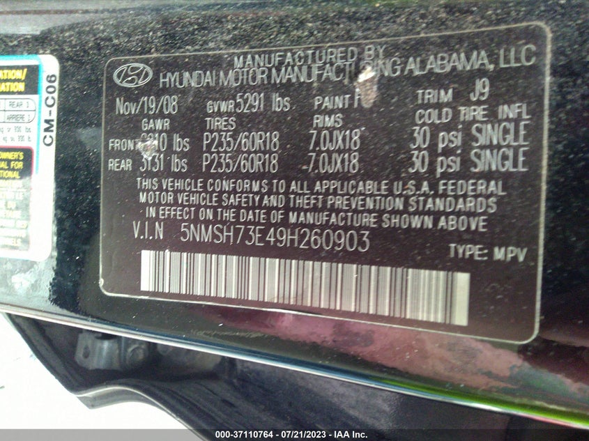 2009 HYUNDAI SANTA FE VIN: 5NMSH73E49H260903