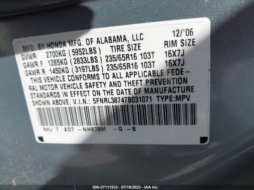 2007 Honda Odyssey Ex-L VIN: 5FNRL38747B031071 Lot: 40946891