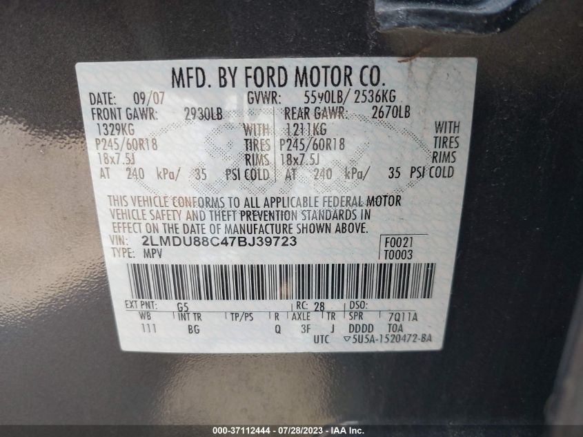 2007 Lincoln Mkx VIN: 2LMDU88C47BJ39723 Lot: 37112444