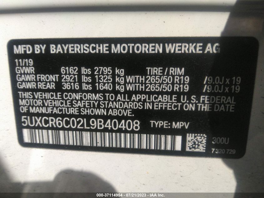 2020 BMW X5 xDrive40I VIN: 5UXCR6C02L9B40408 Lot: 37114954