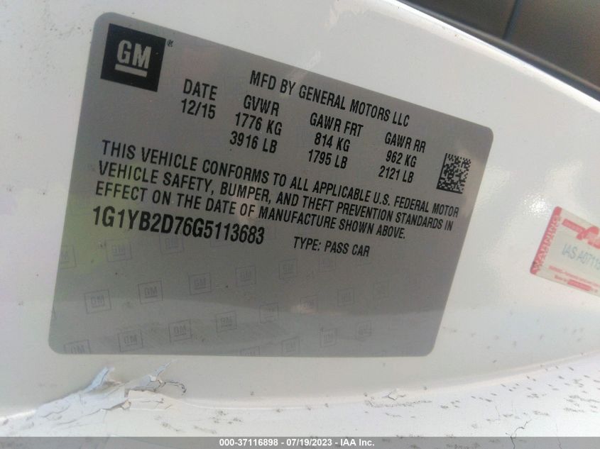 2016 Chevrolet Corvette Stingray VIN: 1G1YB2D76G5113683 Lot: 37116898