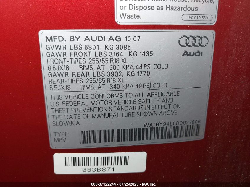 WA1BY94L08D027806 2008 Audi Q7 3.6 Premium