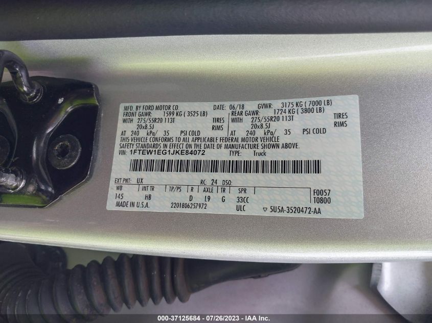 2018 Ford F-150 Lariat VIN: 1FTEW1EG1JKE84072 Lot: 37125684