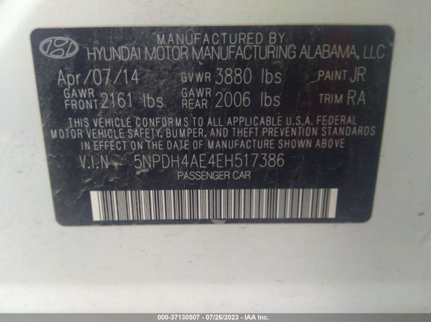 5NPDH4AE4EH517386 2014 Hyundai Elantra Se