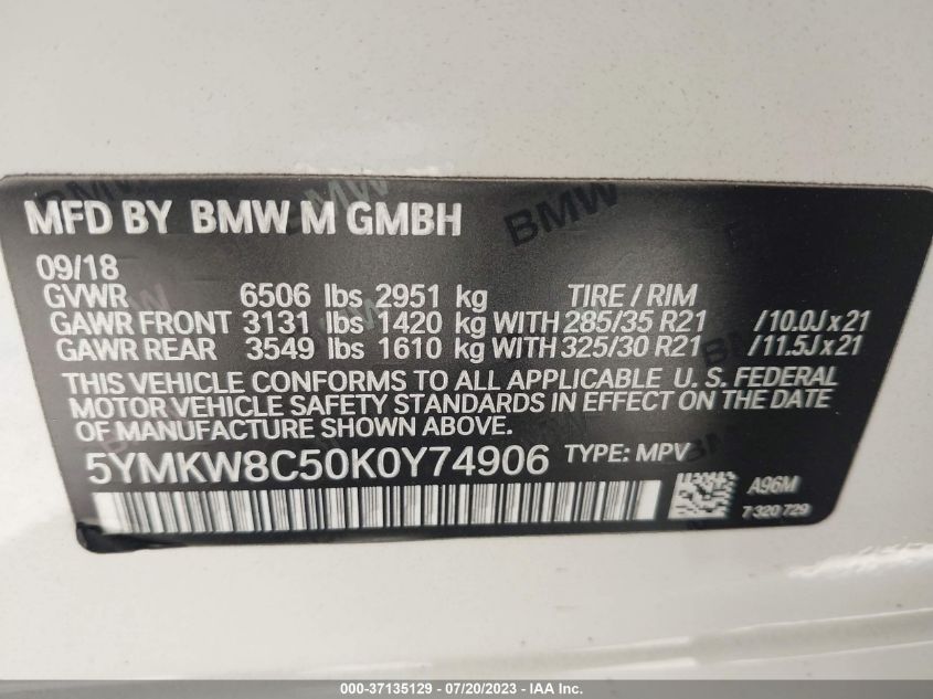 VIN 5YMKW8C50K0Y74906 2019 BMW X6, X6 M no.9