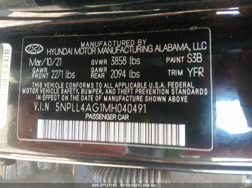 2021 Hyundai Elantra Se VIN: 5NPLL4AG1MH040491 Lot: 37137157