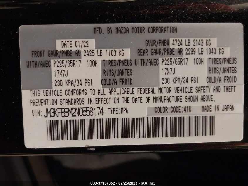 2022 Mazda Cx-5 2.5 S Select VIN: JM3KFBBM2N0558174 Lot: 37137352