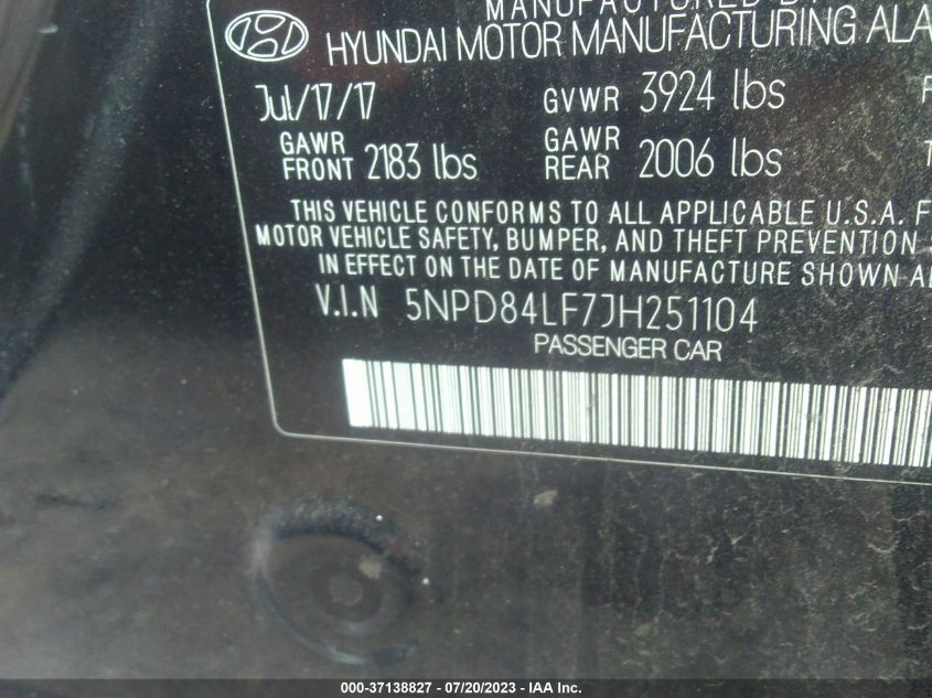 5NPD84LF7JH251104 2018 Hyundai Elantra Sel