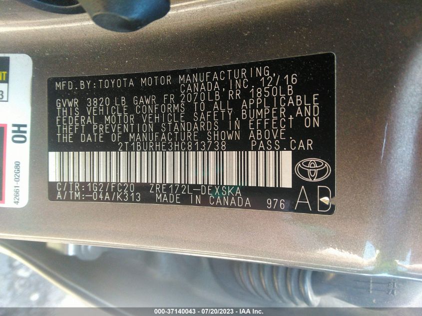 2T1BURHE3HC813738 2017 Toyota Corolla Se