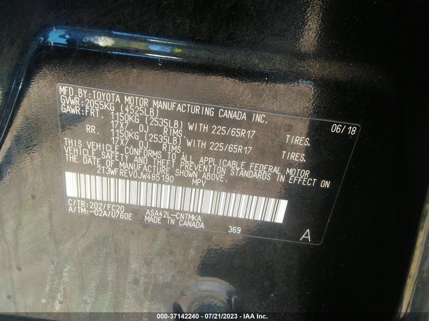 VIN 2T3WFREV0JW485190 2018 TOYOTA RAV4 XLE