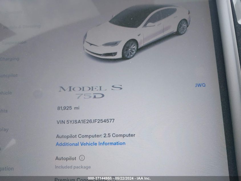 2018 Tesla Model S 75D/P100D/100D VIN: 5YJSA1E26JF254577 Lot: 37144958