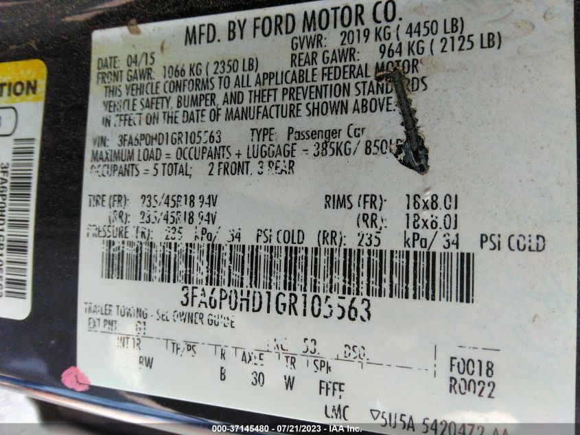 3FA6P0HD1GR105563 2016 Ford Fusion Se