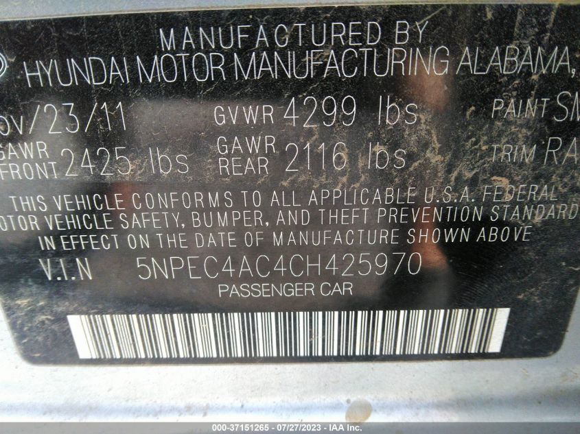 5NPEC4AC4CH425970 2012 Hyundai Sonata Se