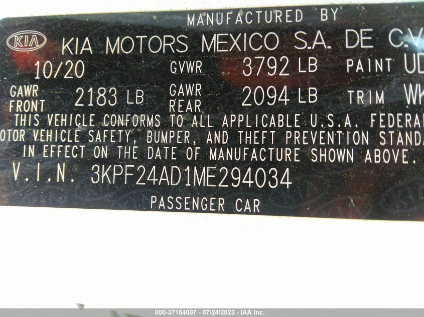 3KPF24AD1ME294034 2021 Kia Forte Lxs