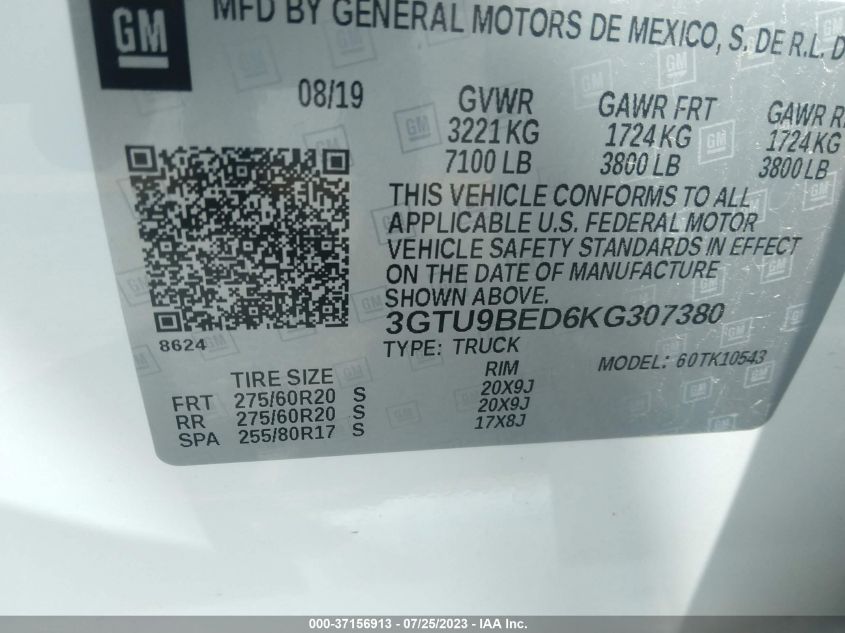 3GTU9BED6KG307380 2019 GMC Sierra 1500 Sle