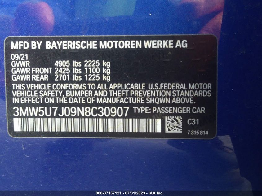 2022 BMW 3 Series M340I VIN: 3MW5U7J09N8C30907 Lot: 37157121