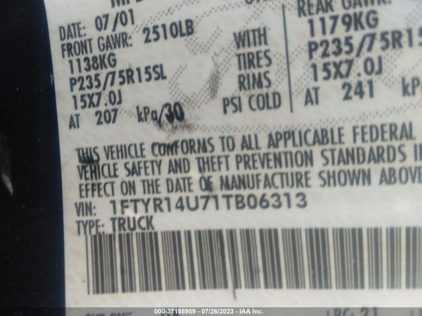 2001 Ford Ranger Xlt/Xlt App/Xlt Appearance/Edge/Edge Plus/Xl VIN: 1FTYR14U71TB06313 Lot: 37158959