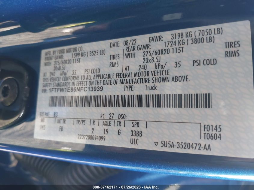 2022 Ford F-150 Xl/Xlt/Lariat VIN: 1FTFW1E86NFC13939 Lot: 37162171