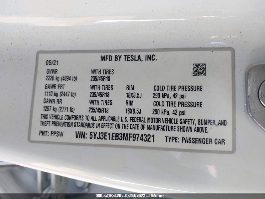 2021 Tesla Model 3 Long Range Dual Motor All-Wheel Drive VIN: 5YJ3E1EB3MF974321 Lot: 37162426